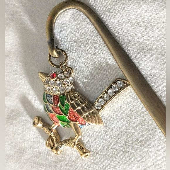 Lovely Brushed Brass Bookmark - Shepard's Hook w/ Cloissane Bird - Picture 6 of 6
